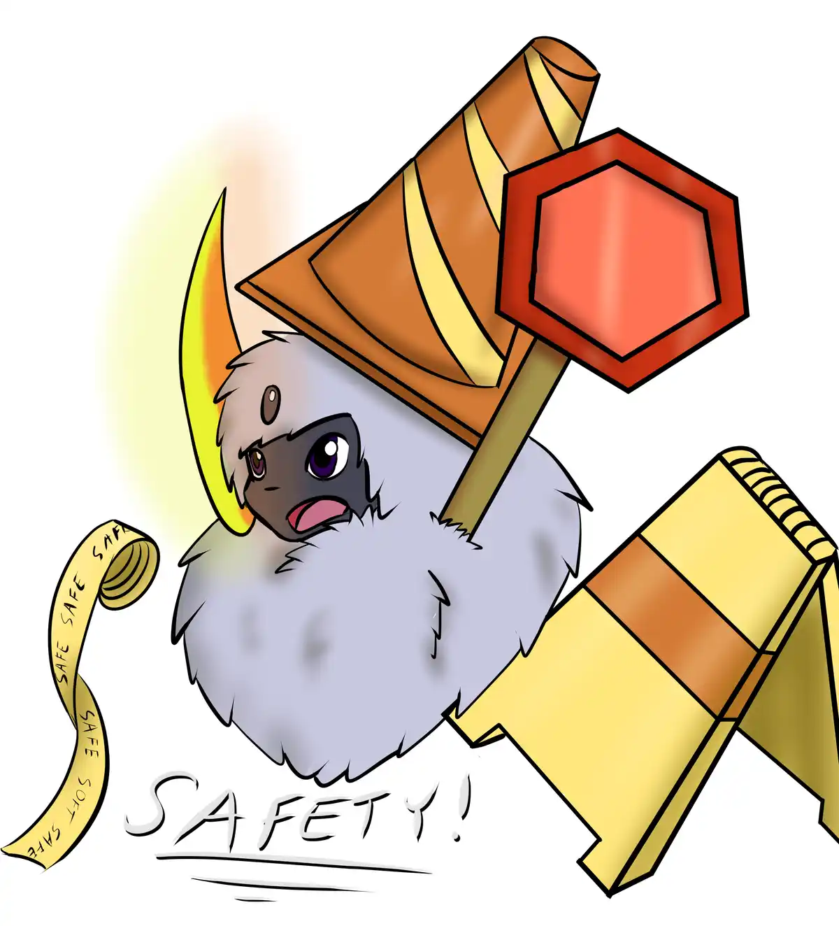 A cartoonish, fluffy grey creature with purple eyes and a surprised expression wears a large orange and yellow traffic cone…