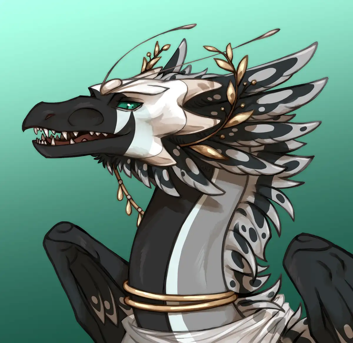 A stylized, anthropomorphic dragon with black and white feathered scales, green eyes, and a regal gold laurel wreath on its…