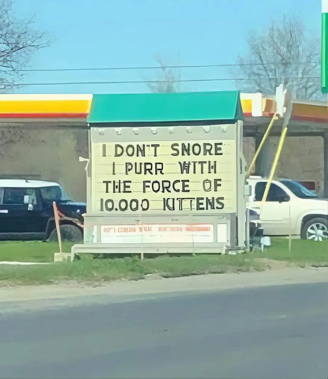 A roadside sign at a gas station reads 'I DON'T SNORE I PURR WITH THE FORCE OF 10.000 KITTENS' in black letter tiles…
