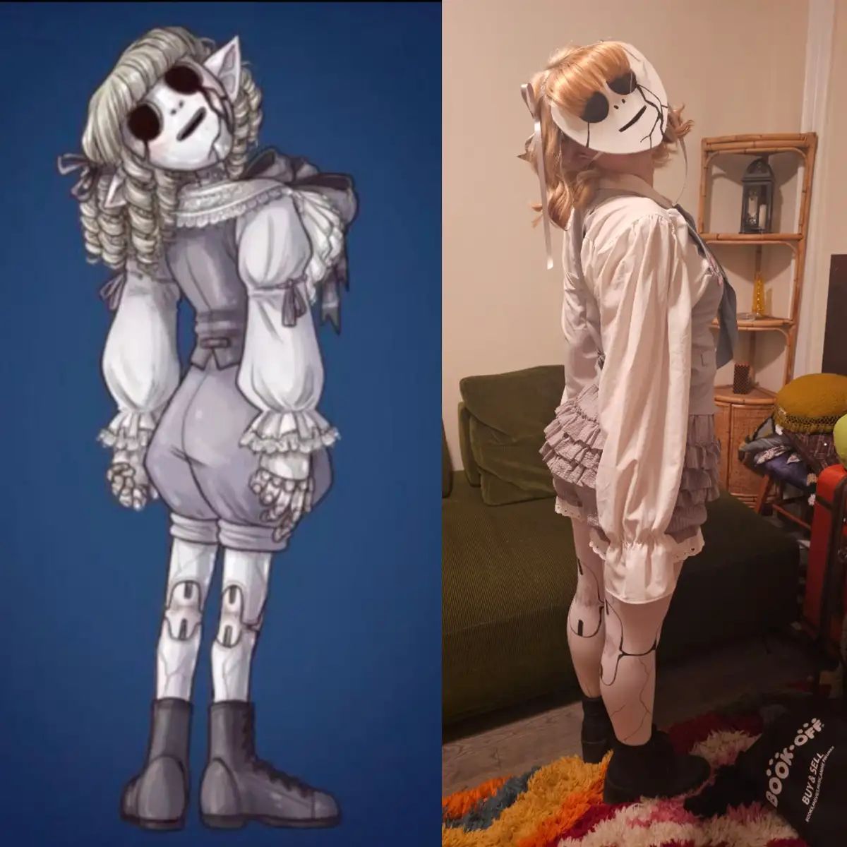 The image is a side-by-side comparison: on the left, a digital illustration of a character with a skull mask, long curly…