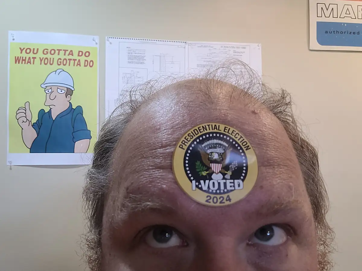 A close-up photo shows a man's forehead with a 2024 'I Voted' presidential election sticker. Behind him, a wall displays a…