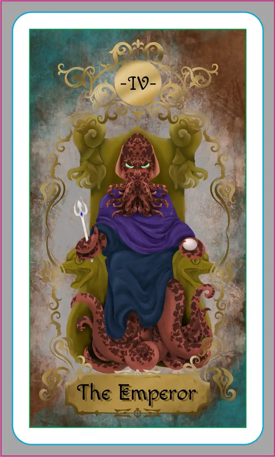 A tarot card depicting a red, patterned octopus with glowing green eyes seated on a golden throne, wearing a purple and blue…