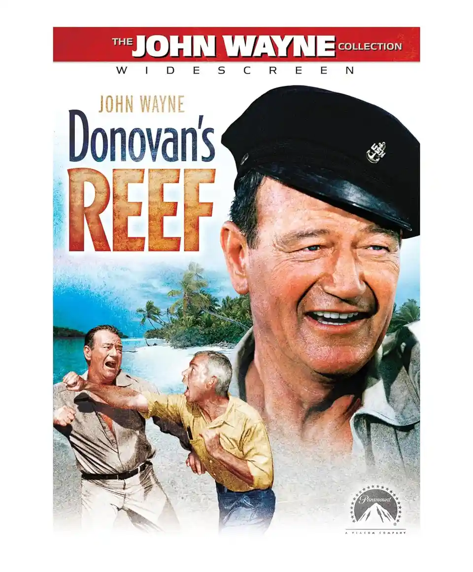This is a movie poster for 'Donovan's Reef,' starring John Wayne, featuring his large smiling face on the right and two men…