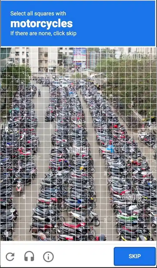 An aerial view of a street filled with hundreds of parked motorcycles, overlaid with a grid of squares. The blue header…