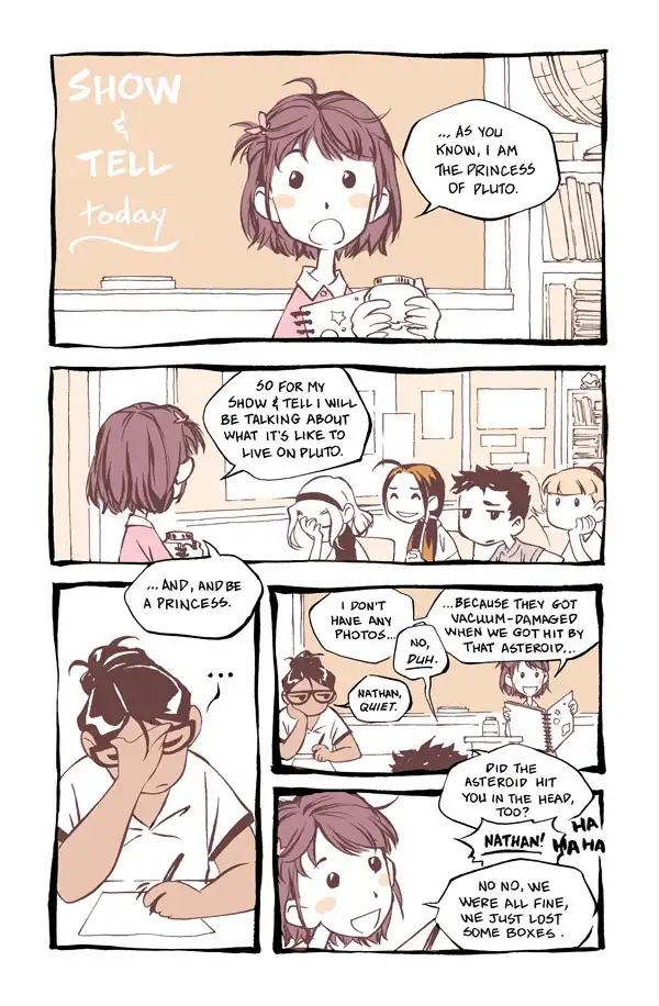 A four-panel comic strip shows a girl presenting in class, claiming to be the 'Princess of Pluto' for show and tell. Her…