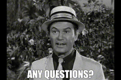 A black-and-white image collage from a classic TV show, showing a man in a hat repeatedly asking 'ANY QUESTIONS?' while…