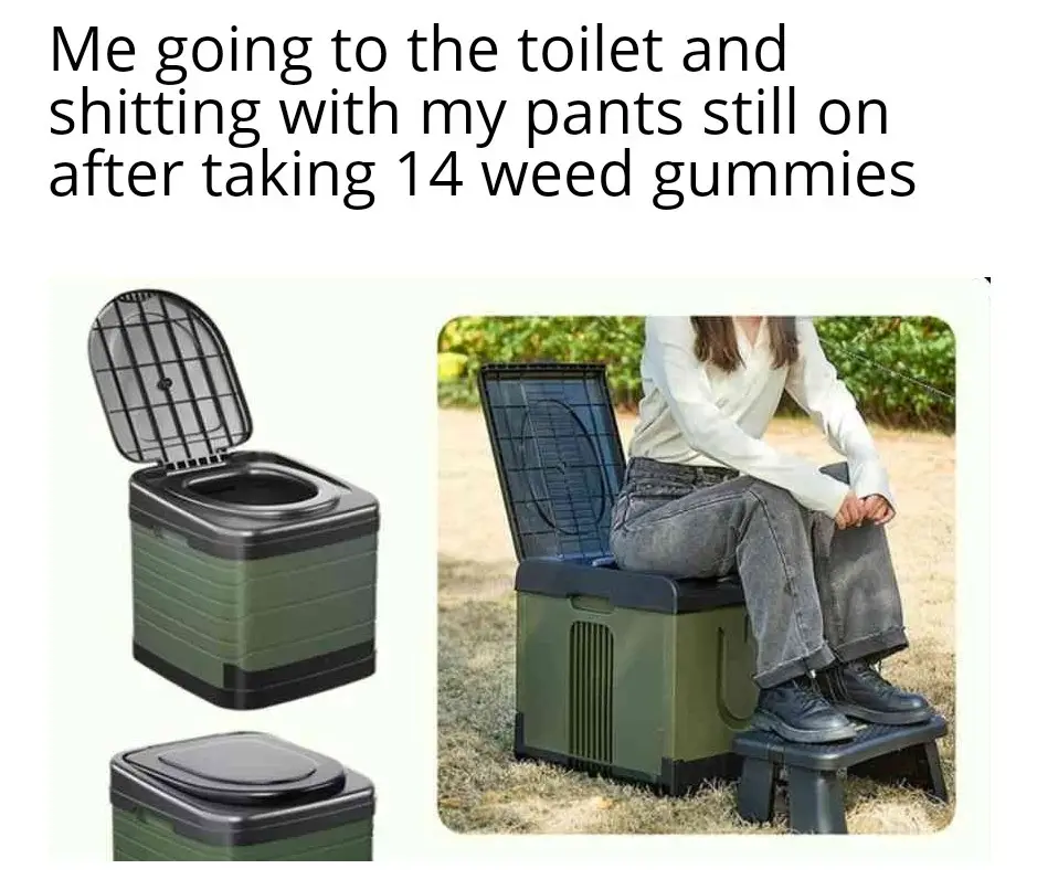 The image shows a person sitting on an outdoor portable toilet with their pants on, using a small stool for foot support…