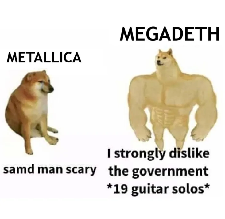 The image displays two side-by-side Shiba Inu dogs. The left dog is small and sitting, labeled 'METALLICA' with the text…
