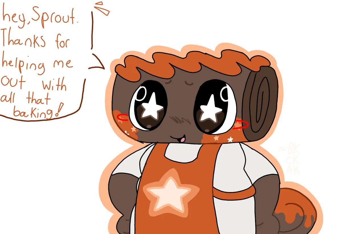 A cartoon character with brown fur, star-shaped pupils, and an orange apron covered in chocolate frosting looks pleased. A…