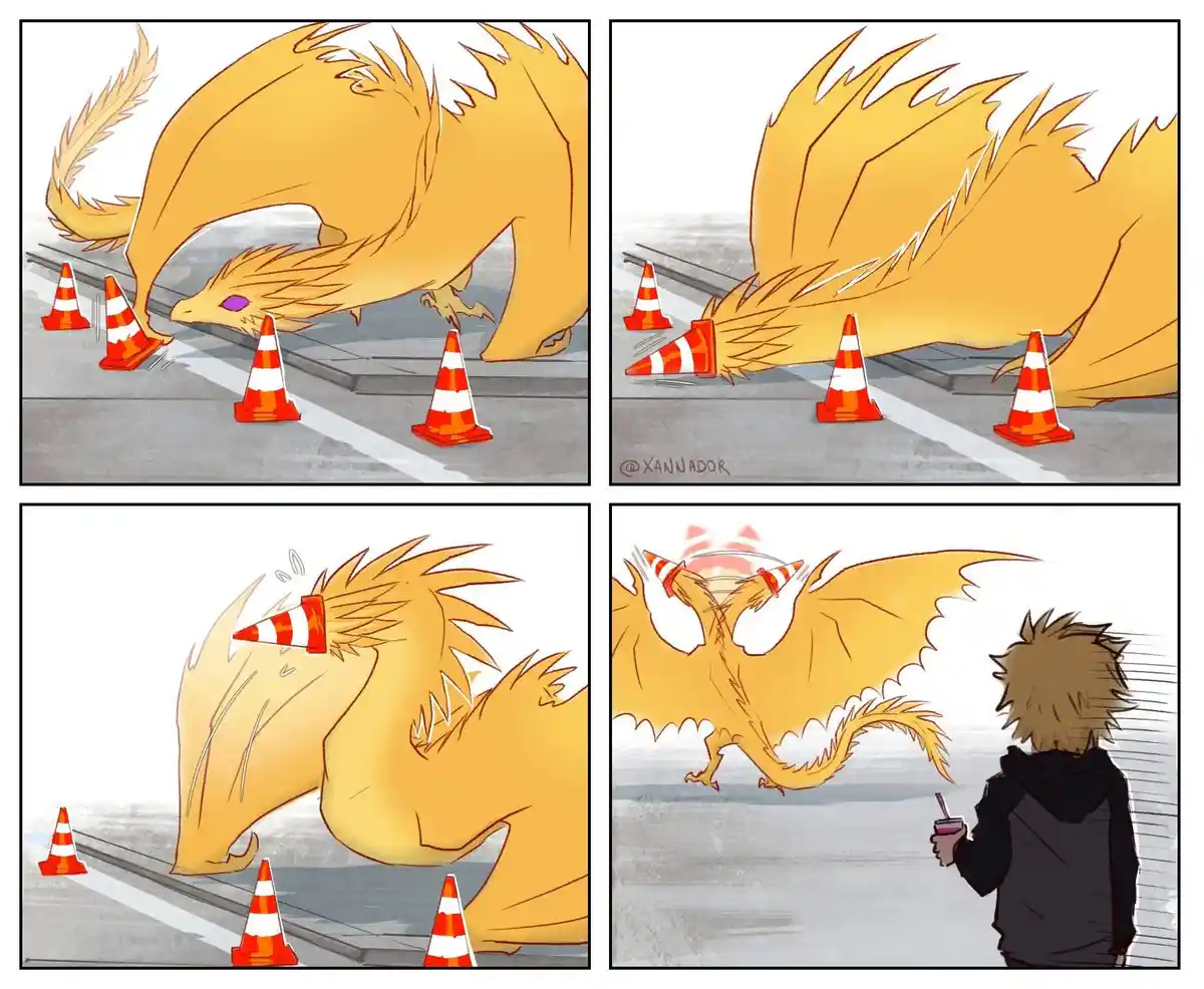 A four-panel comic shows a large, yellow dragon clumsily bumping into orange traffic cones while walking on a paved surface…