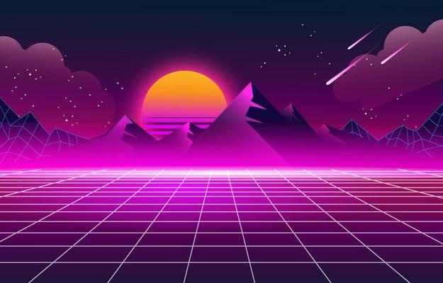 A vibrant, stylized digital landscape featuring a glowing orange sun setting behind purple mountains, a neon pink grid floor…