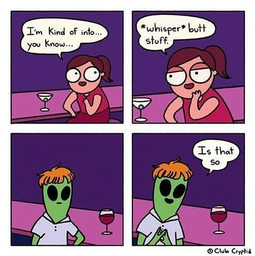 A four-panel comic shows a woman at a bar nervously confessing her attraction to 'butt stuff' in a whisper, while a…