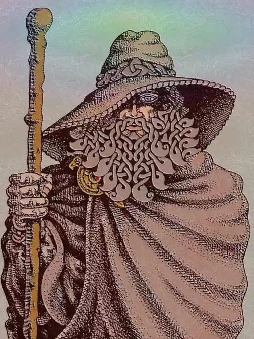 An illustration of a bearded, hooded wizard with one visible blue eye, holding a staff, overlaid with the text 'i am the one…