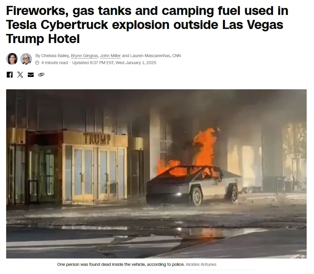 A Tesla Cybertruck is engulfed in flames and smoke outside a building with a prominent 'TRUMP' sign above its entrance. The…