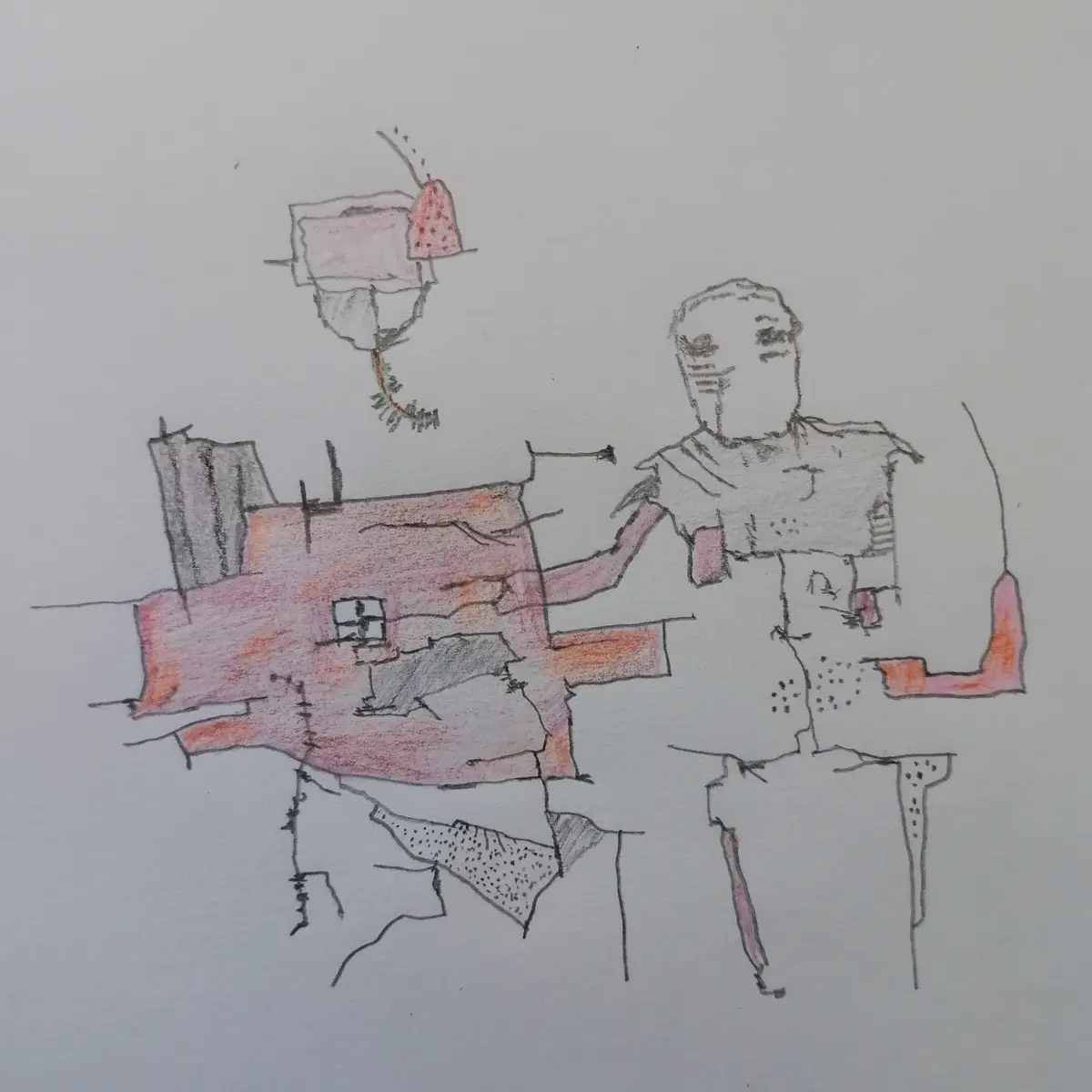 A child's crayon drawing shows a stick-figure person standing beside a crudely drawn, patchwork-style house with a window…