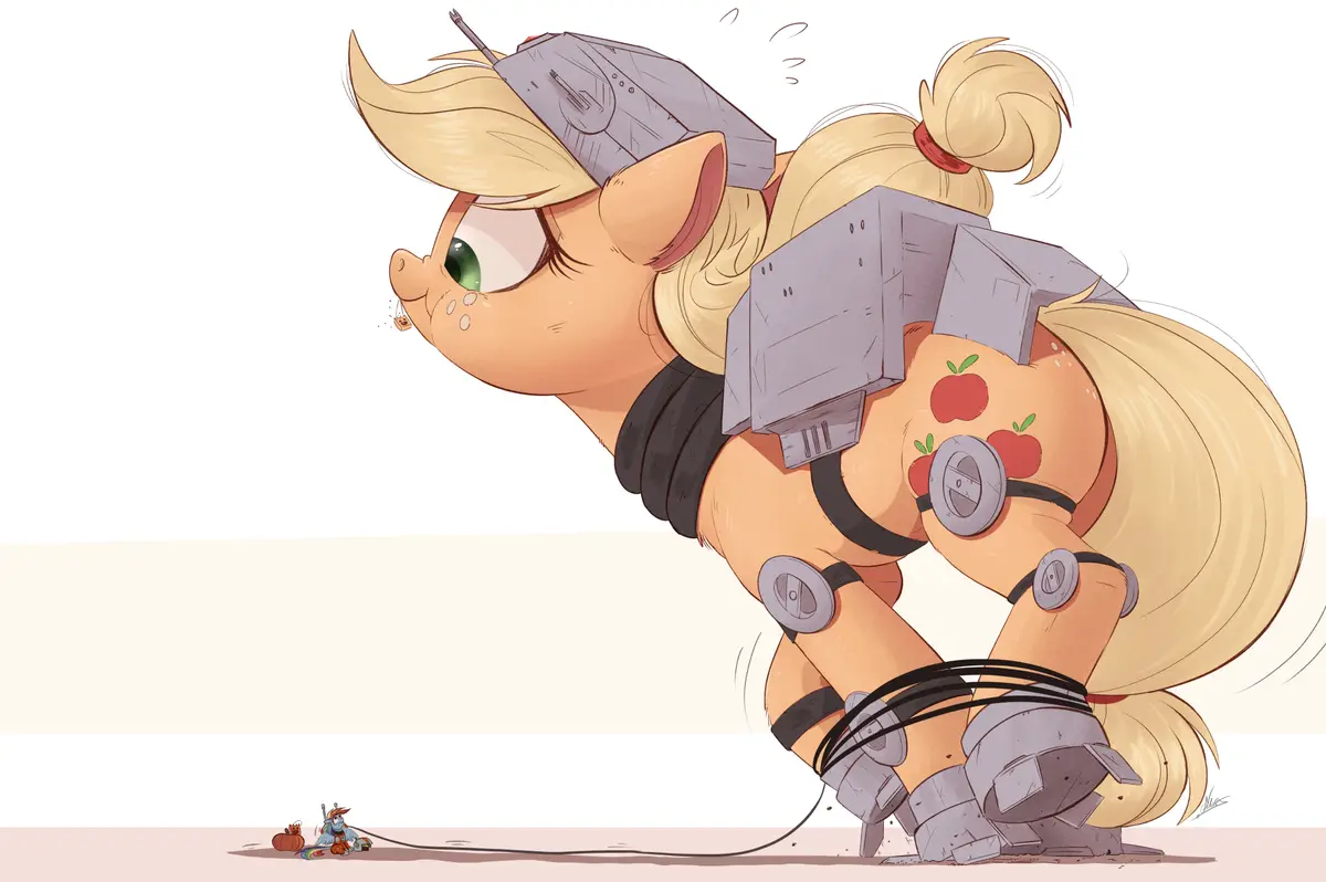A heavily armored, blonde pony with apple-themed markings on her flank is bent over, looking nervous as she pulls a tiny…