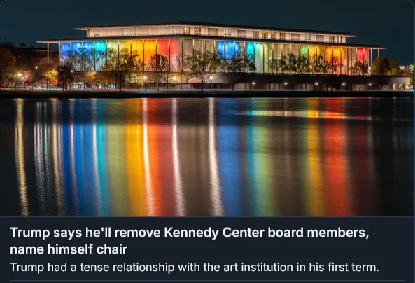 A nighttime photo of the Kennedy Center illuminated with rainbow-colored lights, reflected in the water below. Overlaid text…