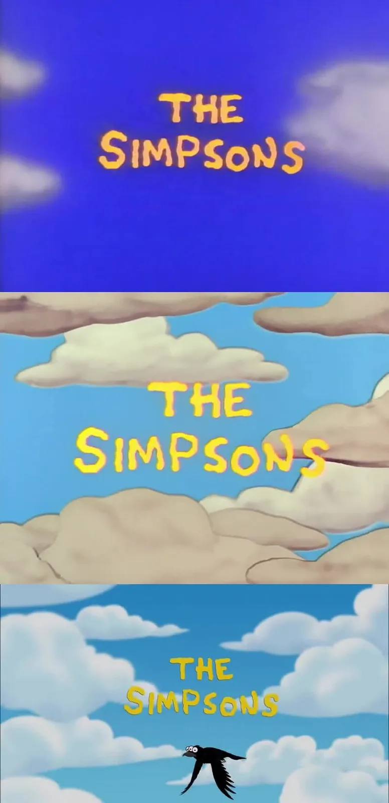 The image shows three stacked panels of 'The Simpsons' title card, each with progressively more clouds. The top panel has a…