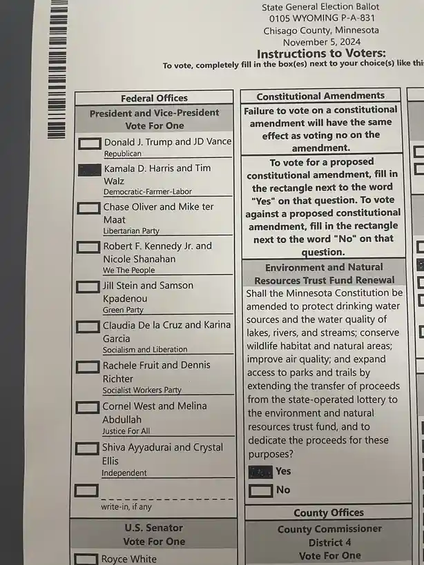 A close-up of a fictional Minnesota ballot from November 5, 2024, showing the 'Environment and Natural Resources Trust Fund…
