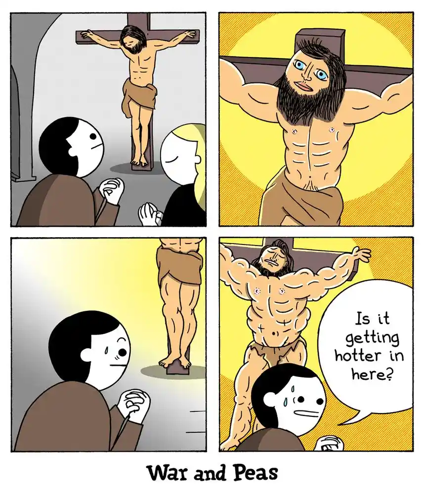 A four-panel comic strip shows two people praying before a crucifixion scene. In the first panel, Jesus is depicted on the…