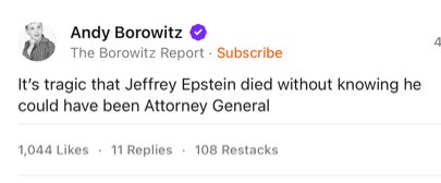 A screenshot of a YouTube comment by Andy Borowitz, showing his profile picture and channel name. The comment reads: 'It's…