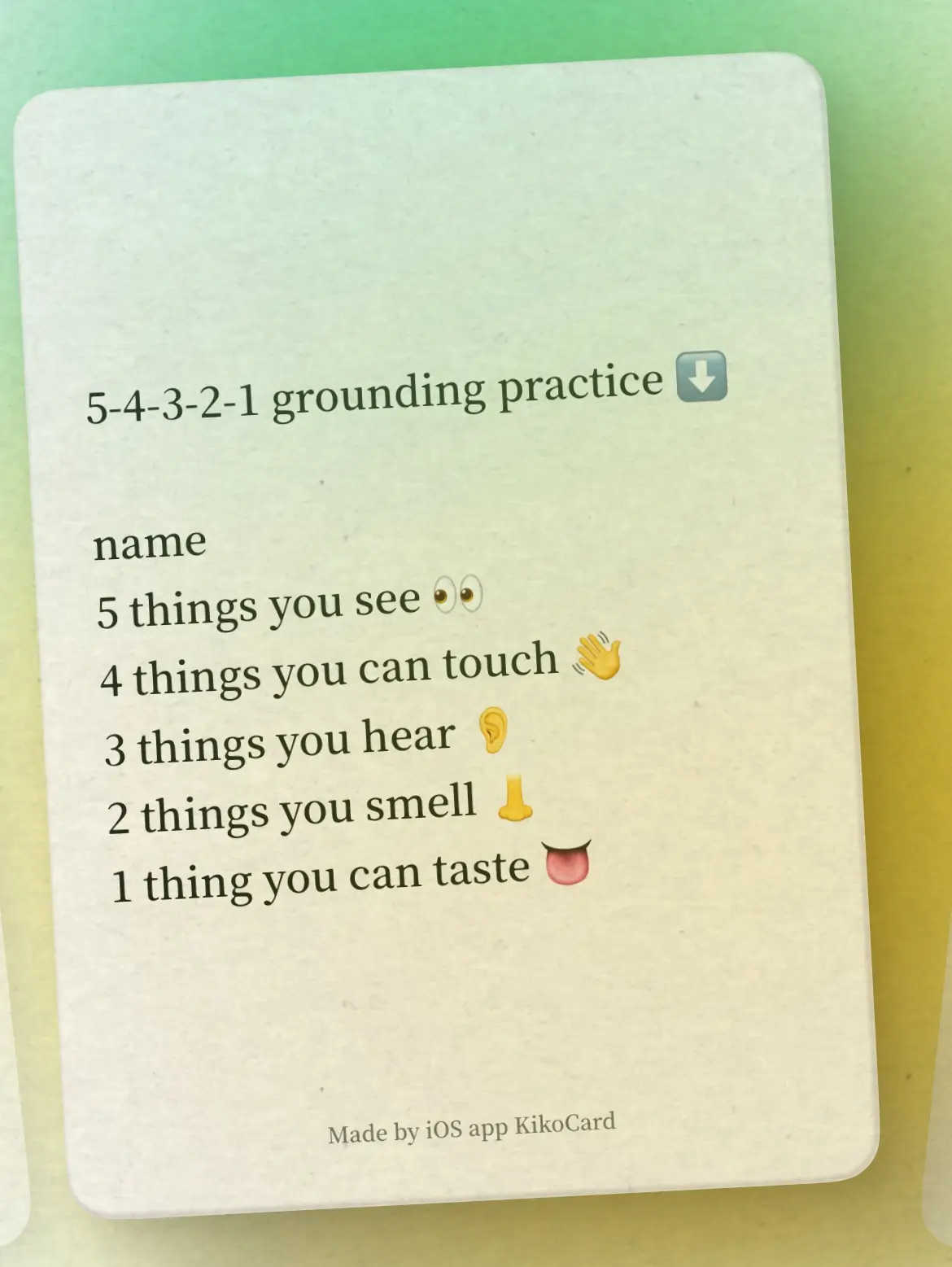 A digital card with a light green background displays a '5-4-3-2-1 grounding practice' exercise, listing prompts for sensory…