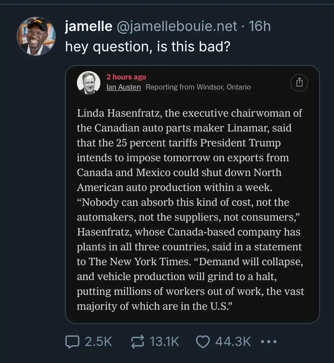 A screenshot of a tweet from Jamelle Bouie asking if a news report is bad. The report, from Ian Austen, quotes Linda…