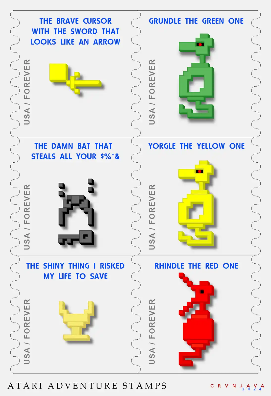 The image displays six postage stamp-style panels arranged in a 3x2 grid, each featuring a pixelated Atari Adventure game…