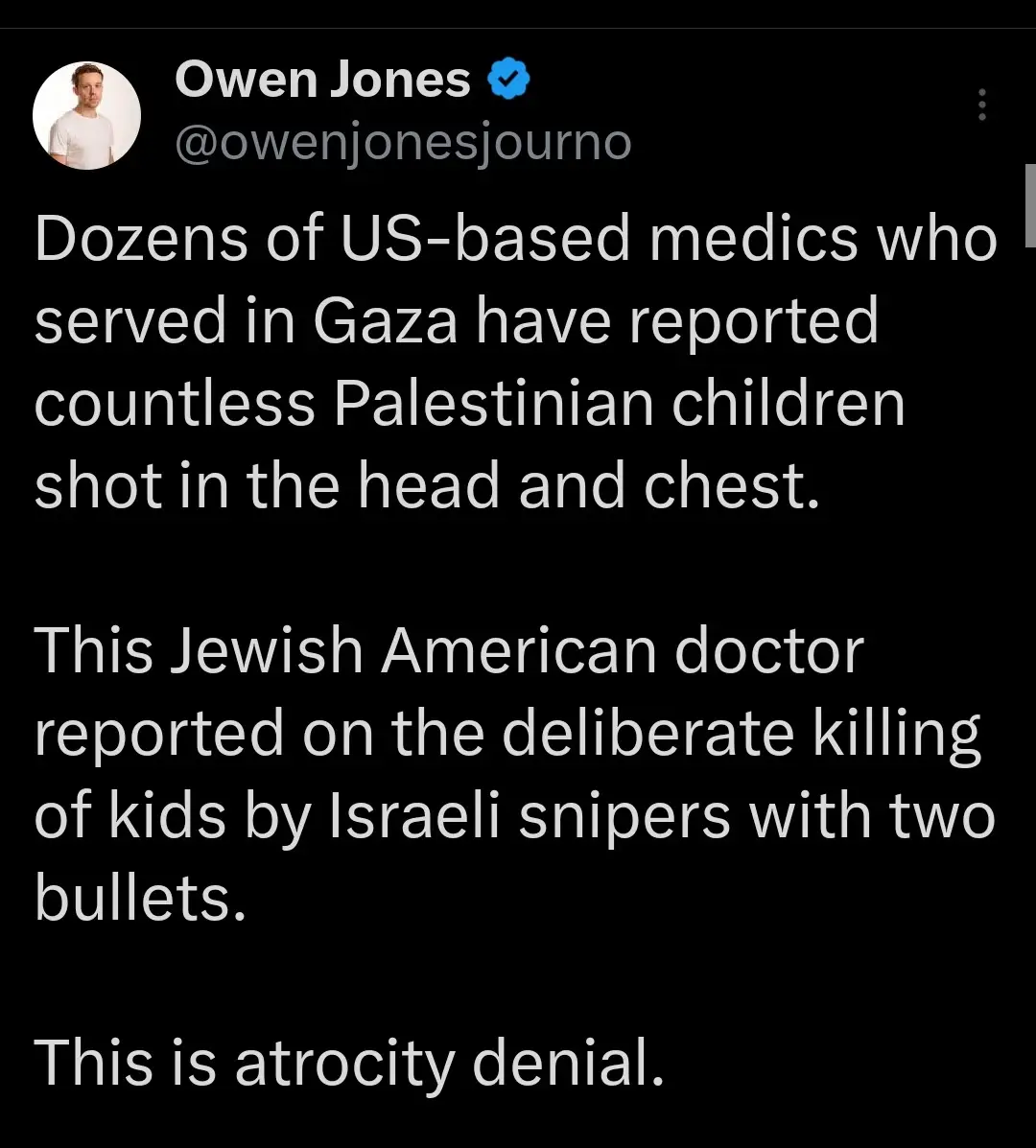 A screenshot of a tweet by Owen Jones (@owenjonesjurno) with a black background and white text. The tweet states that dozens…