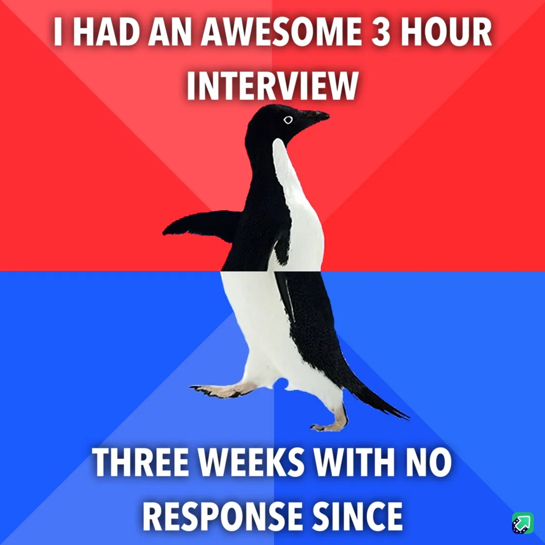 A penguin stands centered against a red and blue background, with white text at the top reading 'I HAD AN AWESOME 3 HOUR…