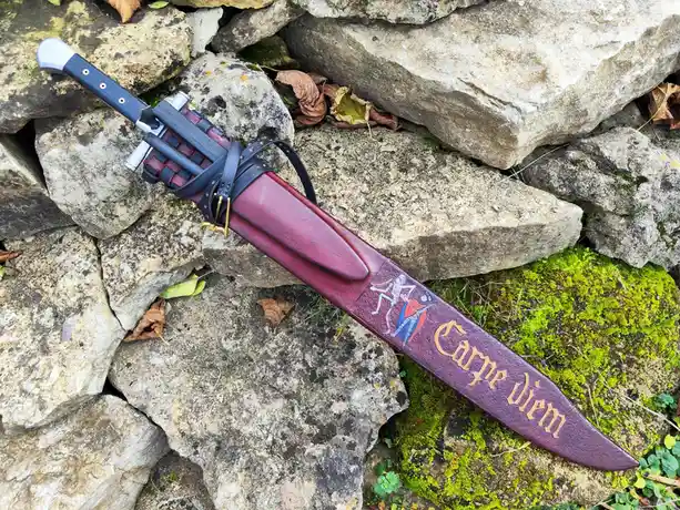 A sword with a maroon leather scabbard rests on a stone wall, featuring the Latin phrase 'Carpe diem' and a small…