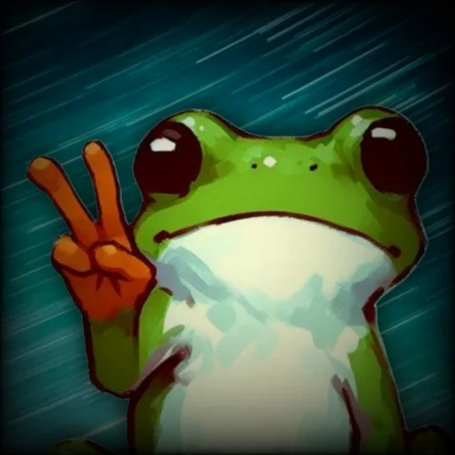 A cartoon green frog with large eyes and a white underbelly is shown making a peace sign with its right hand against a dark…