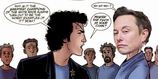 A comic-style image shows a cartoon character yelling at Elon Musk, who looks confused and slightly annoyed. The cartoon…