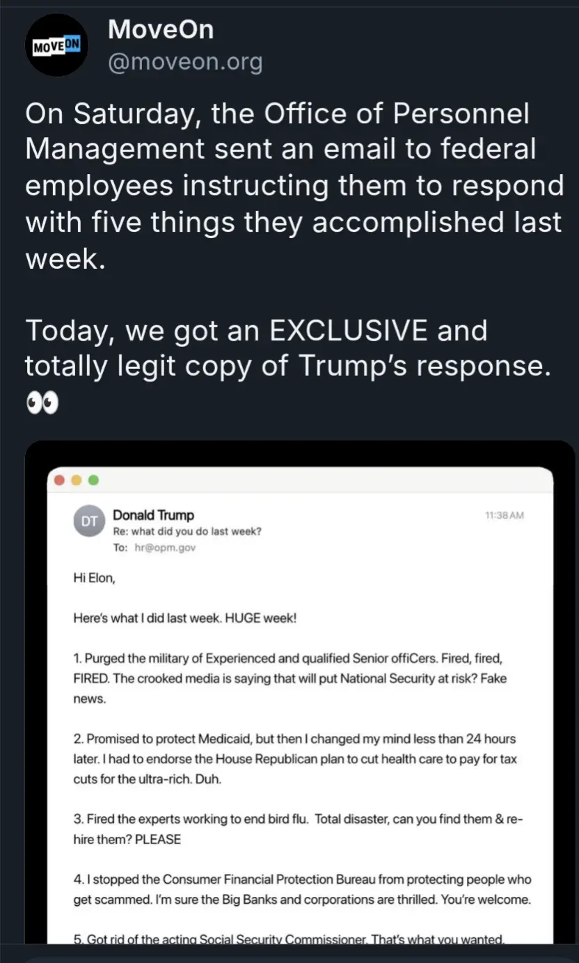 A screenshot of a MoveOn.org tweet shows a mock email from 'Donald Trump' to 'Elon' responding to an OPM request for…