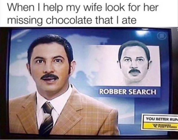 A television screen shows a man in a suit and tie with a mustache, looking surprised, alongside a sketch labeled 'ROBBER…