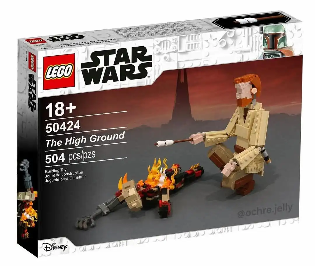 A LEGO Star Wars set box for 'The High Ground' (set 50424) shows a LEGO Boba Fett figure kneeling beside a LEGO fire…