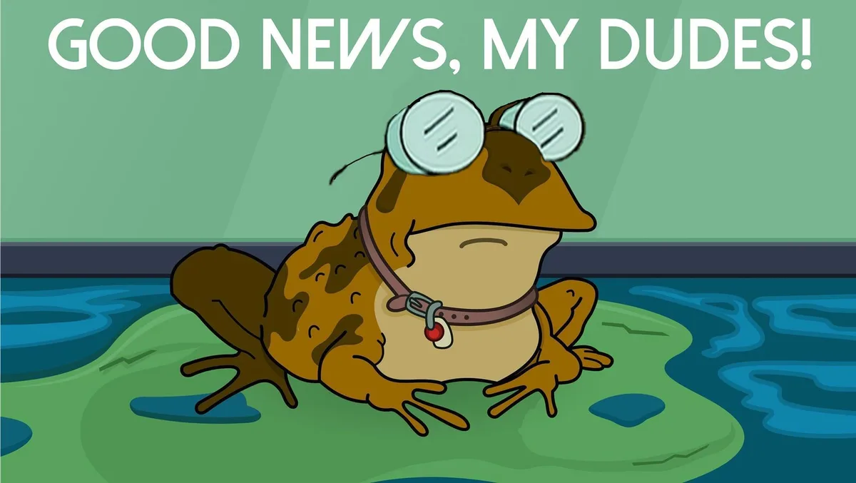A cartoon frog wearing large, round goggles and a collar with a red tag sits on a lily pad in water. The frog has a smug…