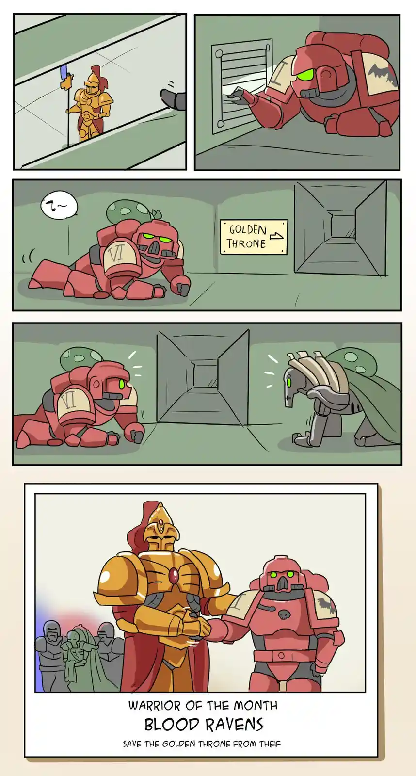 A comic strip shows a red-armored warrior sneaking through a corridor, finding a sign that reads 'GOLDEN THRONE' with an…