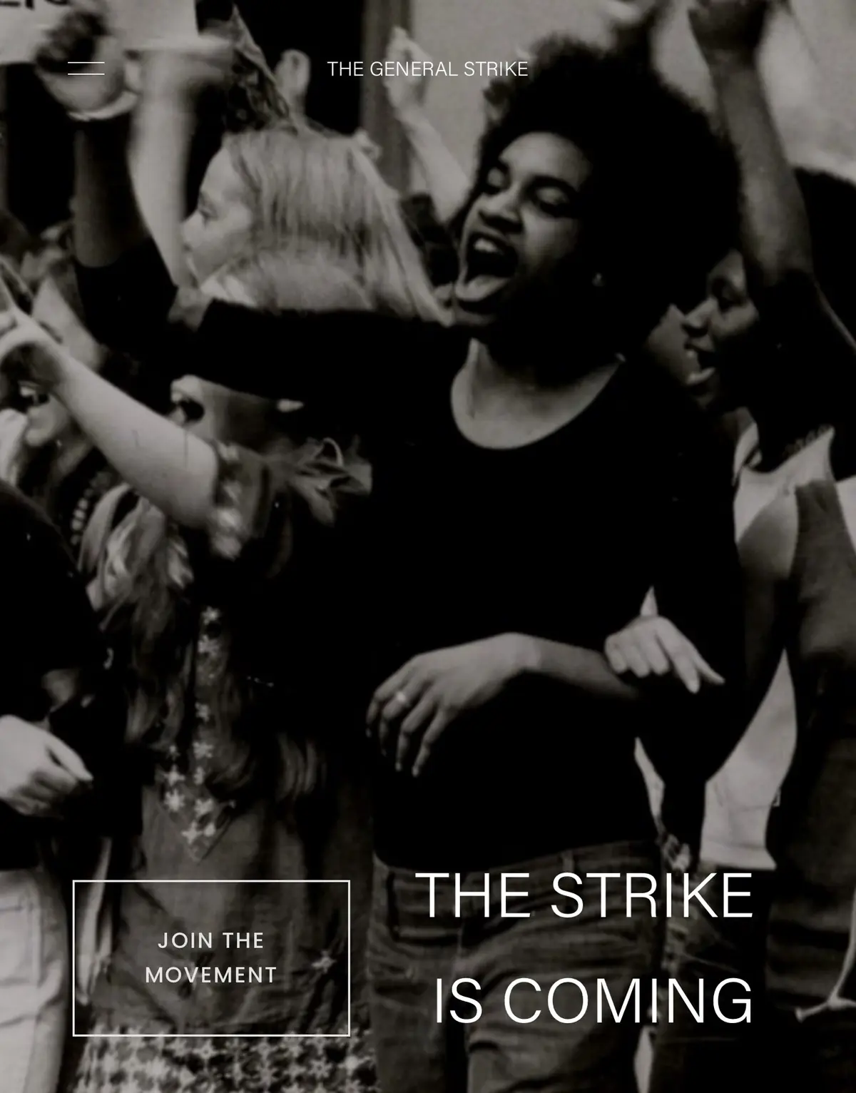 A black-and-white photo shows a group of people, mostly young women, joyfully dancing and raising their arms in celebration…