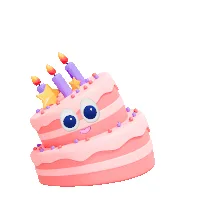 Six variations of a cartoon pink birthday cake with eyes, a smile, and lit candles, each set against different backgrounds…