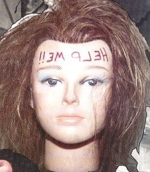 A close-up image of a female mannequin head with long brown hair and light blue eyeshadow. The words 'HELP ME!!' are written…