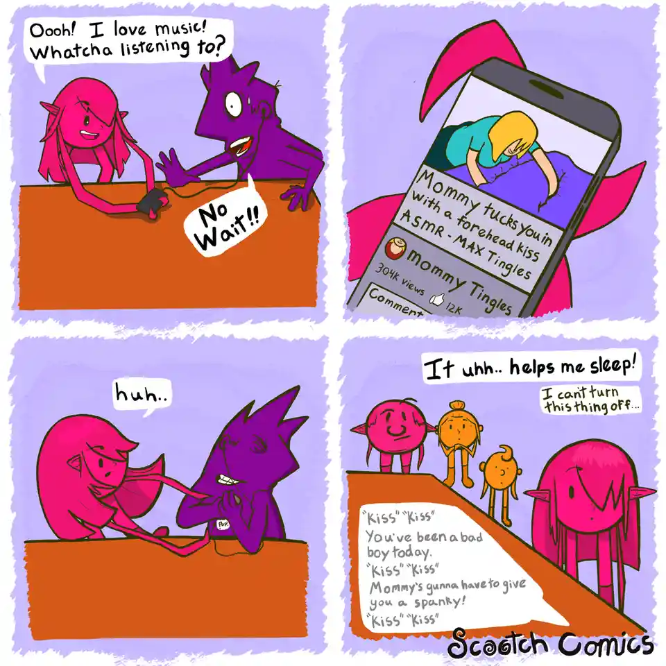 A four-panel comic shows a pink character asking a purple character what music they're listening to. The purple character…