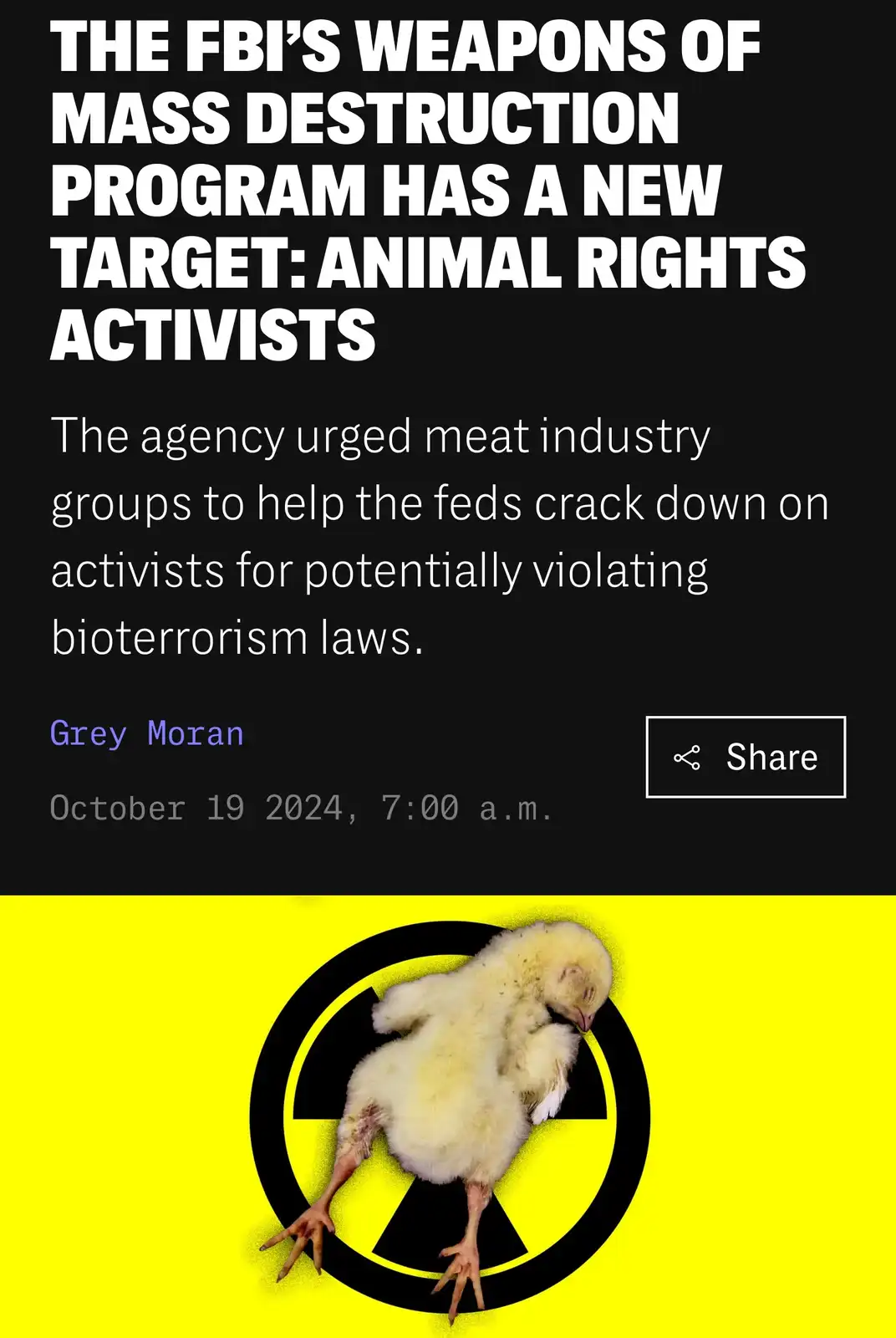 The image displays a fake news article headline claiming the FBI's weapons of mass destruction program now targets animal…