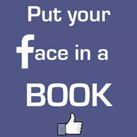 A solid blue background with large white text that reads 'Put your face in a BOOK', with the 'f' in 'face' replaced by the…
