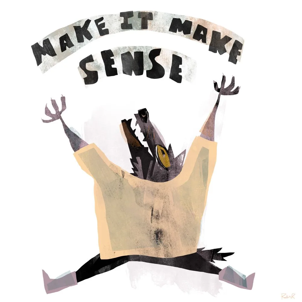 An illustration of a stylized, dark-furred creature with a single large yellow eye, wearing a beige t-shirt and black pants…