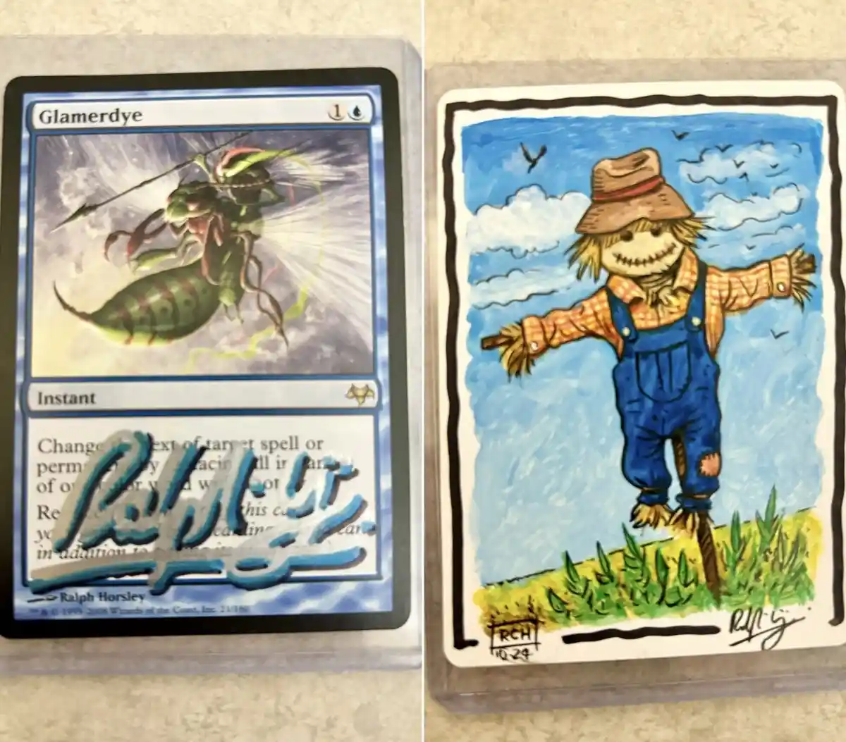 Two cards side by side: a Magic: The Gathering card named 'Glamerdy' with a green insect-like creature and text obscured by…