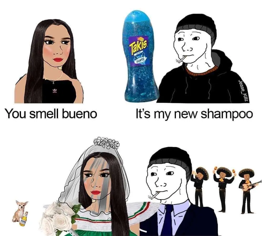 The image is a two-panel meme. Top panel: a woman with long dark hair and a black top is labeled 'You smell bueno', next to…