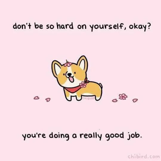 A cute, cartoon corgi wearing a red bandana and pink flower accessories stands on a pink background with scattered pink…