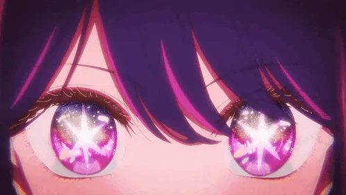 The image displays a grid of six panels showing close-ups of an anime-style character's eyes, which glow with a bright…
