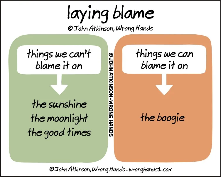A comic strip titled 'laying blame' by John Atkinson, Wrong Hands, divided into two colored boxes. The left green box…